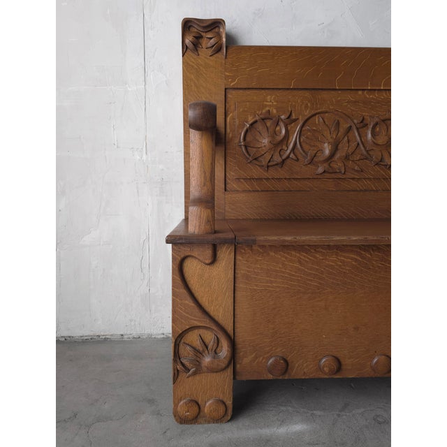 Antique Arts and Crafts Style Carved Oak Hall Bench With Storage For Sale In Las Vegas - Image 6 of 10
