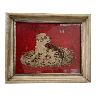 Late 19th Century Dog and a Butterfly Needlework in Wood Frame For Sale
