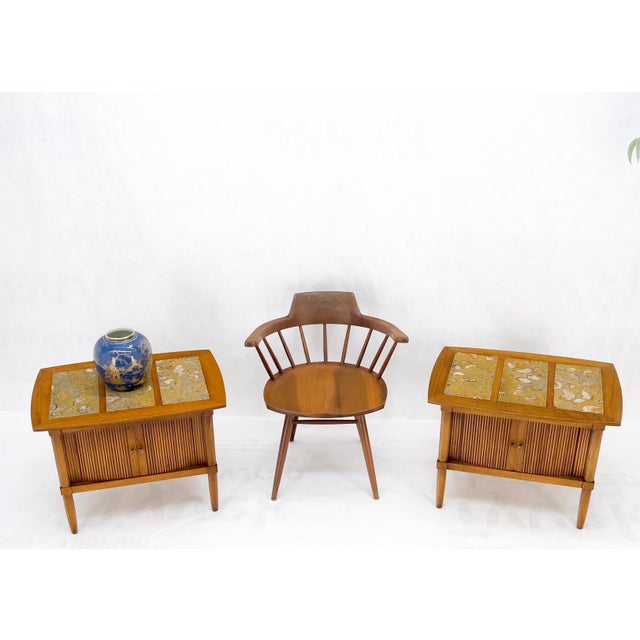 Tomlinson Pair Tomlinson Tambour Door Fossil Marble Top Side End Night Stands Tables Mint! For Sale - Image 4 of 14