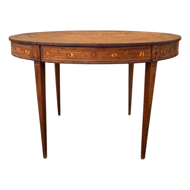 Oval Marquetry Side Table with Drawer, Early 20th Century For Sale