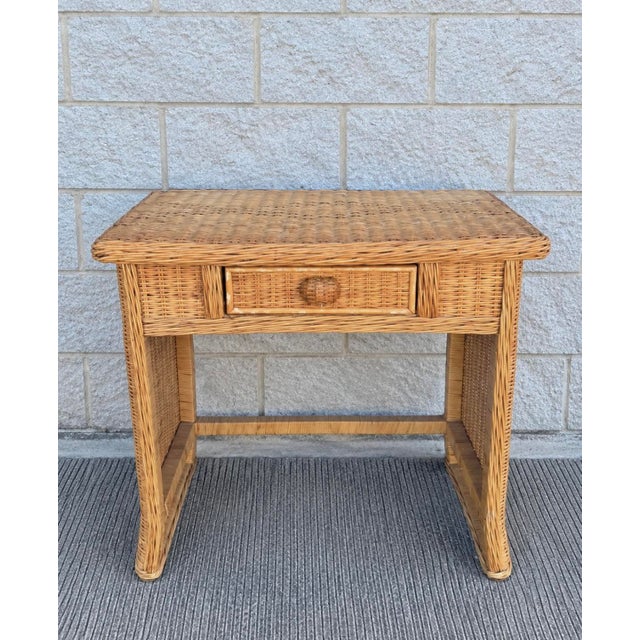 Boho Chic Vintage Wicker Vanity Set With Arched Mirror and Matching Stool For Sale - Image 3 of 12