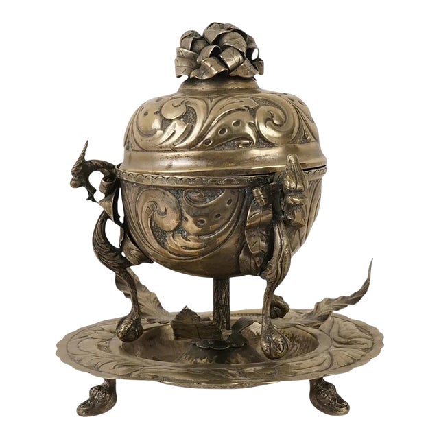 Indian Lidded Footed Silver Alloy Censer W Stand For Sale