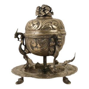 Indian Lidded Footed Silver Alloy Censer W Stand