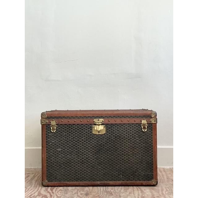 French Vintage Boho Goyard Steamer Trunk For Sale - Image 3 of 17