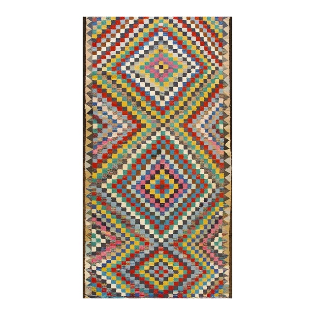 1930s Antique Multicolor Diamond Turkish Village Kilim Runner Flatweave Wool Rug For Sale