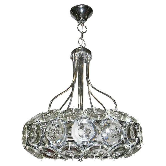 Vintage Italian Steel & Glass Chandelier, 1970s For Sale