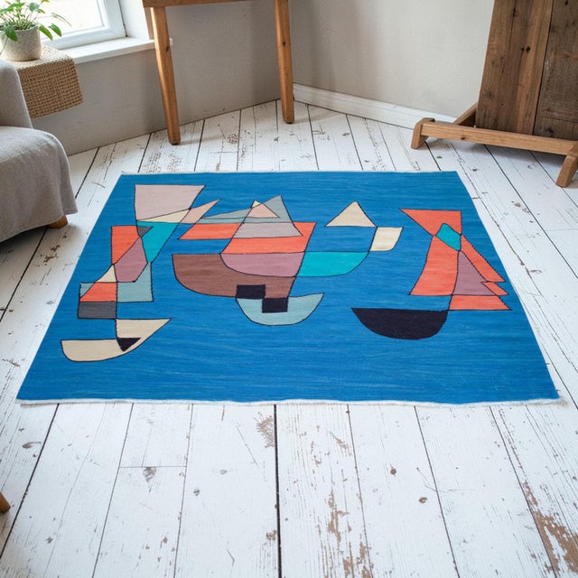 Paul Klee Paul Klee - Sailing Boats - Inspired Silk Hand Woven Area - Wall Rug 4′7″ × 5′12″ For Sale - Image 4 of 13