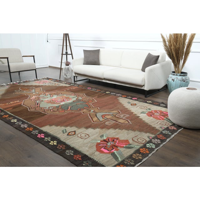 1970s Vintage Turkish Oushak Handmade Wool Cotton Brown Area Rug For Sale - Image 4 of 11