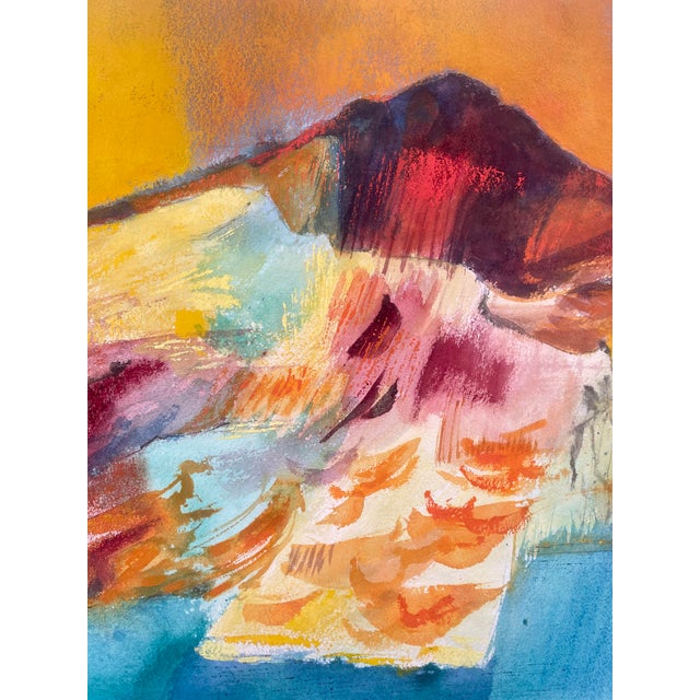 Mid-century gouache abstract landscape painting by Jason Schoener. Vibrant shades of burnt orange, turquoise blue, yellow,...