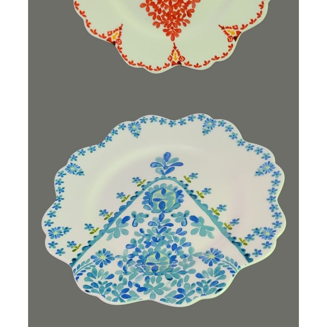 Late 20th Century Anthropologie Pair of Plates Scalloped Edge Boho Chic Pattern in Coral & Blue For Sale - Image 5 of 8