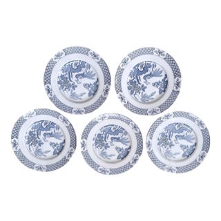 Antique English Wood & Sons "Yuan" Blue & White Transferware Dinner Plates, Set of 5 For Sale