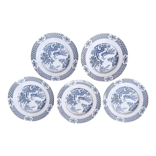 Antique English Wood & Sons "Yuan" Blue & White Transferware Dinner Plates, Set of 5 For Sale