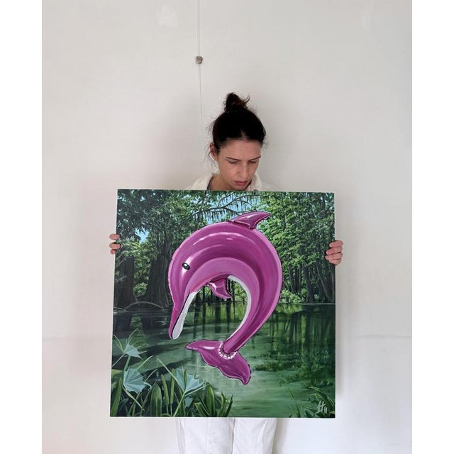 Pink Sofía Cristina Jiménez, Pink Inflatable Dolphin in an Amazon Forest River Landscape, Acrylic Painting, 2025 For Sale - Image 8 of 10