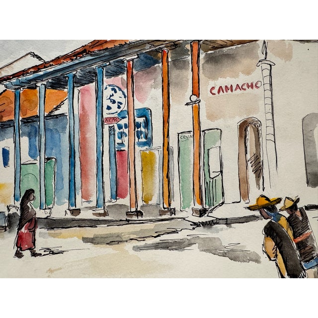 Rustic Henry Emil Salloch Original Watercolor on Paper Colonial Style Streetscape. Uruapan Mx. 1961. For Sale - Image 3 of 8