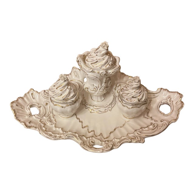 Antique Late 19th Century Gilt Porcelain Inkwell For Sale