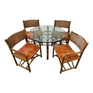 1970's McGuire Leather Wrapped Bamboo & Cane Dining - Set of 5 For Sale