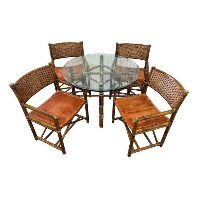 1970's McGuire Leather Wrapped Bamboo, Cane & Dining - Set of 5 For Sale