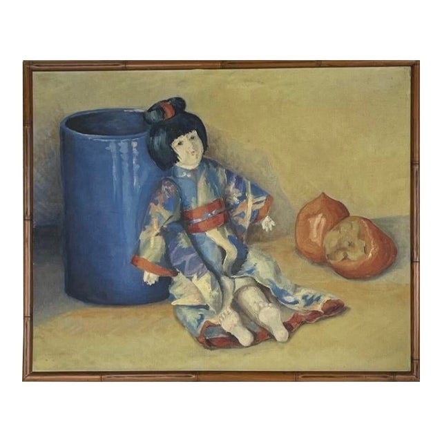 A French Oil on Canvas Japanese Style Painting of a Doll For Sale