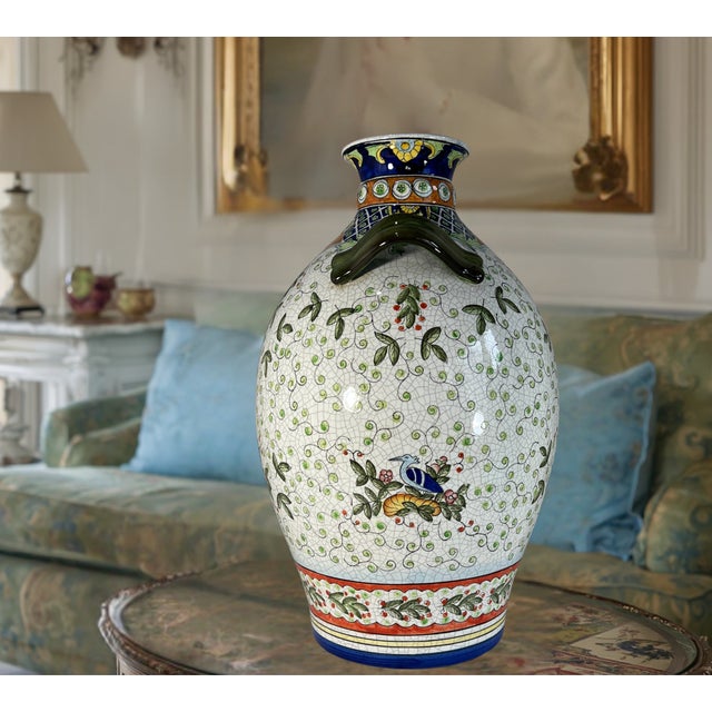 17+ In. Tall Chinese Jug Vase Stylized Blue Songbird, Fruit & Leaf Pattern For Sale In New York - Image 6 of 18