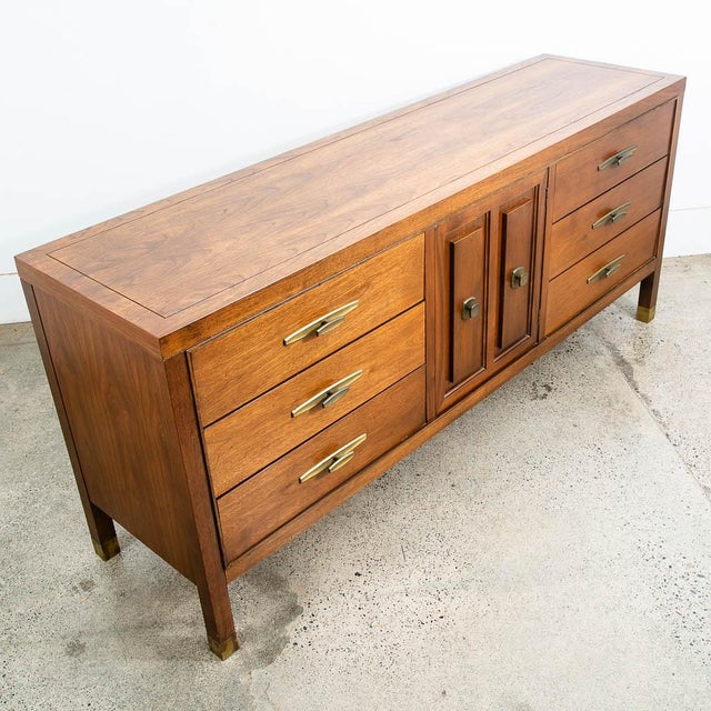 1960s Mid Century Modern Dresser Credenza 9 Drawer Stanley Walnut High Danish For Sale In Sacramento - Image 6 of 11