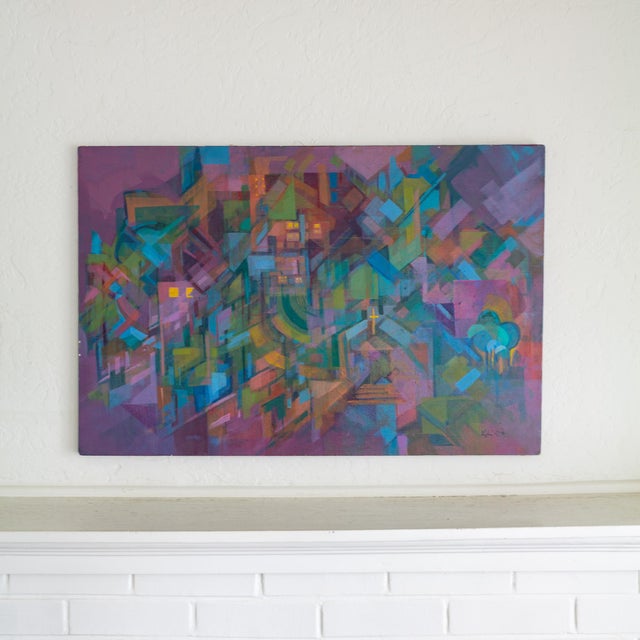 Cubist Polychrome Abstract City Painting With Fauvist Colors Purple and Turquoise For Sale - Image 10 of 13