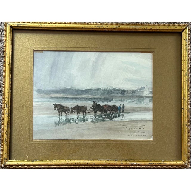 Antique original gouache seascape with horses and people by listed French artist Joseph Marie LeTournier (1892-1972)....