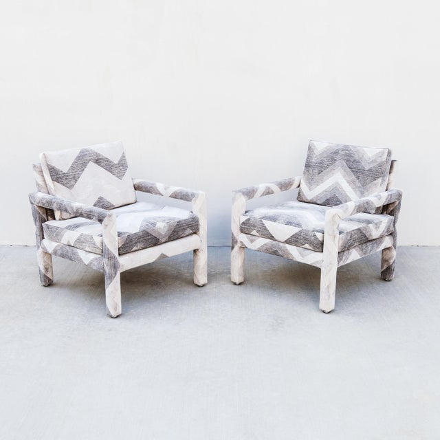 Restored Postmodern Parsons Style Lounge Chairs in Chenille Fabric by Drexel For Sale - Image 12 of 13