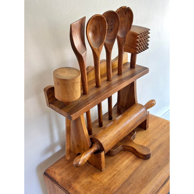 Late 20th Century Workshop-Made Wooden Utensils With Holder - 9 Pieces For Sale - Image 4 of 8
