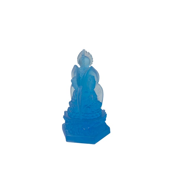 Blue Frosted Crystal Glass Lotus Base 3 Sides Bodhisattva Sanbao Figure For Sale - Image 9 of 13