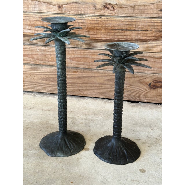 Pair Vintage Coastal Rustic Metal Palm Tree Staggering Candlestick Holders For Sale - Image 10 of 11