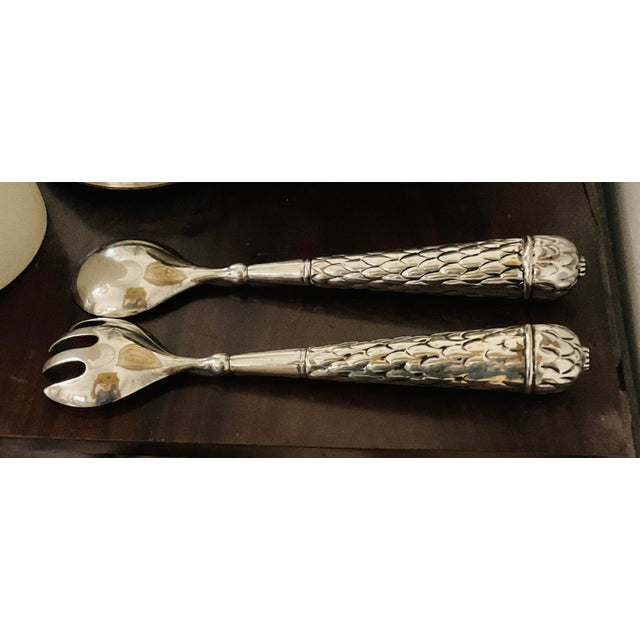 Stunning heavy silver salad serving pieces. Exquisite Artichoke embossed handles, unique.