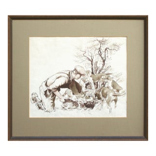 On the Hunt - Ink Wash Drawing For Sale