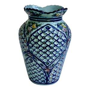 Tall P. L. Valado Alcobaca Portugal Blue Hand Painted Faience Vase, Circa 1950
