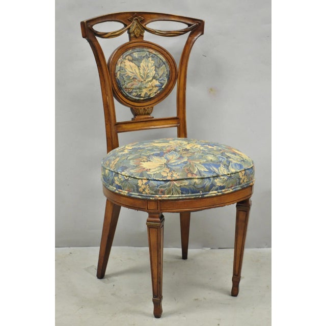 Vintage French Regency Style Carved Walnut Drape Back Dining Side Chairs with Blue Floral Print Upholstery- Set of 4....