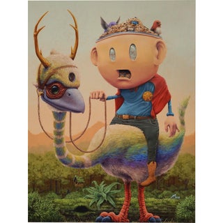 Masks We Wear,Everybody Wants A Piece by 3rd Ver (Ben Patterson)|Acrylic & Oils on Canvas depicting a character with a headpiece riding a large bird. For Sale