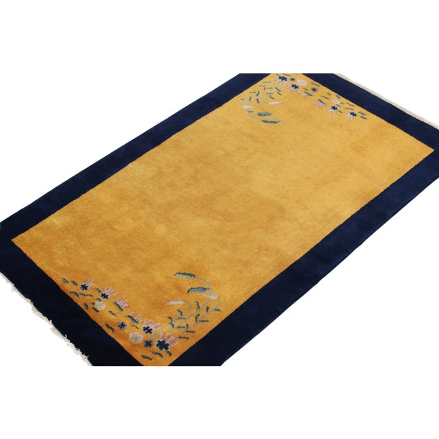 Art Deco Vintage Chinese Deco Style Rug in Gold Open Field, Blue Border, Floral Patterns For Sale - Image 3 of 6