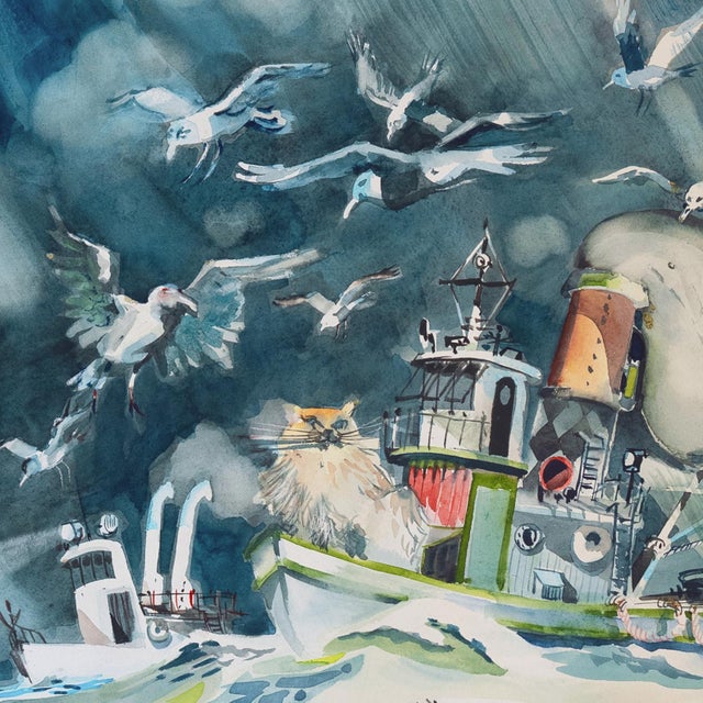 1990s 'Out at Sea', Children's Animal Adventure Fantasy Seascape, Cat and Seagulls For Sale - Image 5 of 10