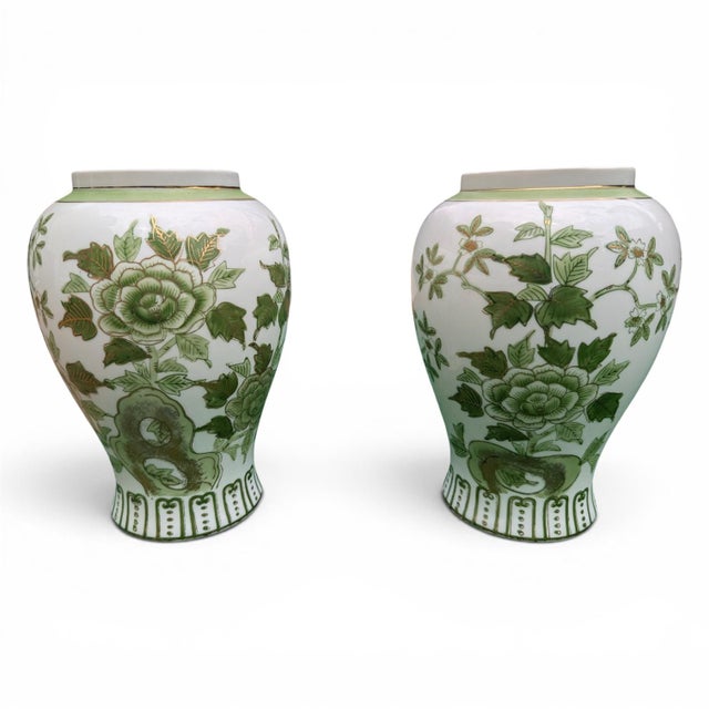 Vintage Chinoiserie Porcelain Green Botanical Ginger Jars- A Pair For Sale - Image 10 of 14