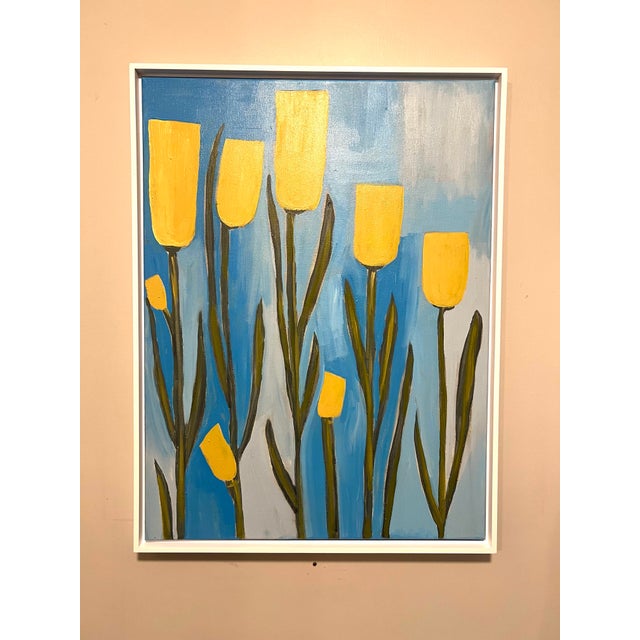 Beautiful Blues & Eye Popping Yellow Flowers, Modern Abstract Floral, Acrylic Paints On Stretched Canvas, “Ray Of Hope,”...