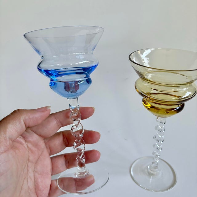 Mid-Century Modern Vintage Empoli Italian Art Glass Drinking Glasses – Set of 2 (Cobalt Blue & Amber) For Sale - Image 3 of 7