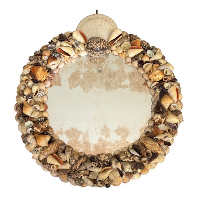 Vintage Shell Encrusted Round Wall Mirror For Sale
