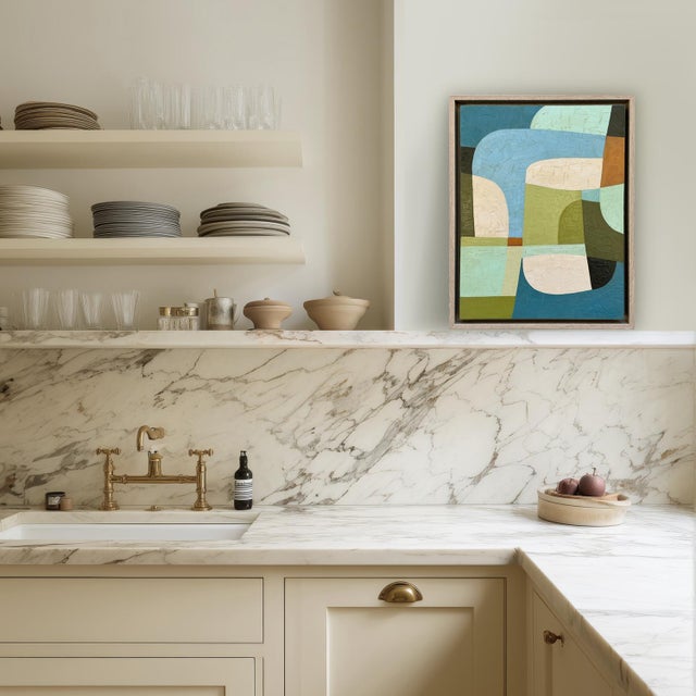 This is a new abstract oil painting inspired by the shapes and colors found in Mid-Century modern design. The textured oil...