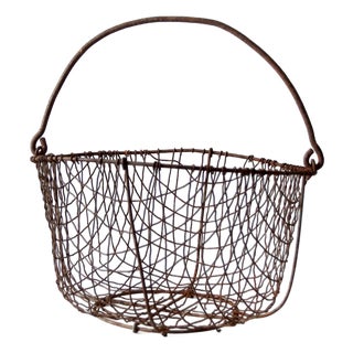 Antique Handmade Wire Gathering Basket For Sale