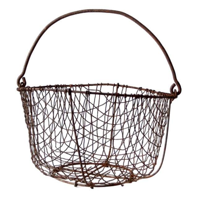 Antique Handmade Wire Gathering Basket For Sale