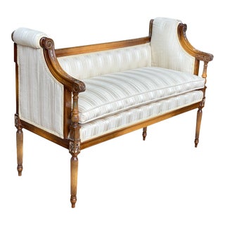 Vintage French Regency Carved Mahogany Upholstered Window Bench Settee For Sale