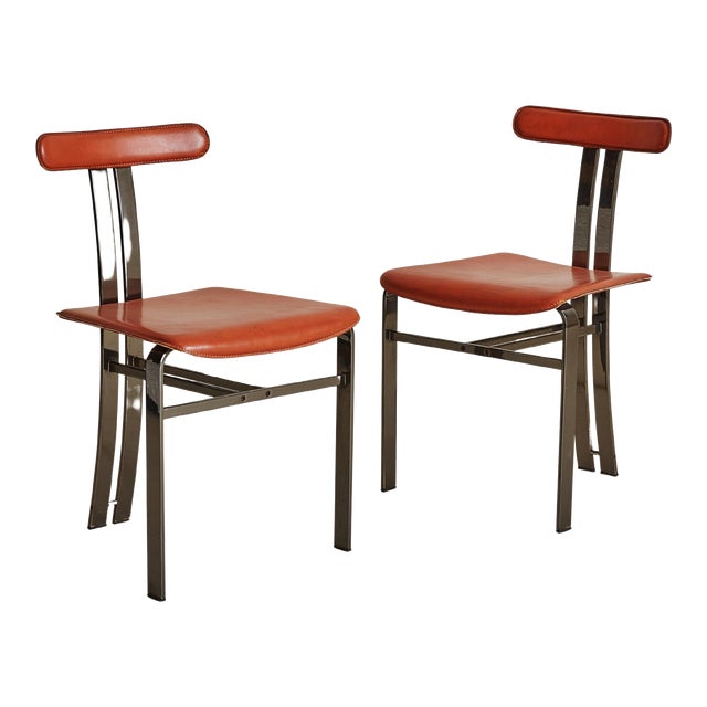 Burnt Orange Leather + Chrome Frame Chairs, Italy 1970s - A Pair For Sale