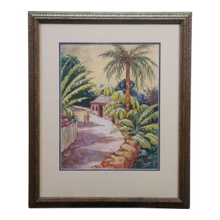 Late 20th Century Talbot Tropical Caribbean Garden Village Watercolor on Silk Painting 27" For Sale