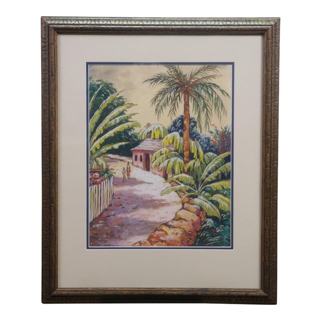 Late 20th Century Talbot Tropical Caribbean Garden Village Watercolor on Silk Painting 27" For Sale