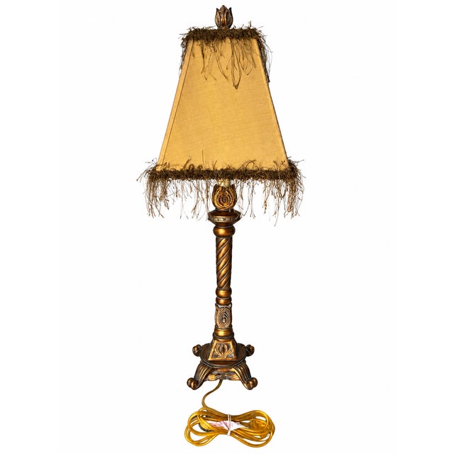 Ornate Gold-Tone Barley-Twist Buffet Lamp With Fringed Shade For Sale - Image 4 of 11