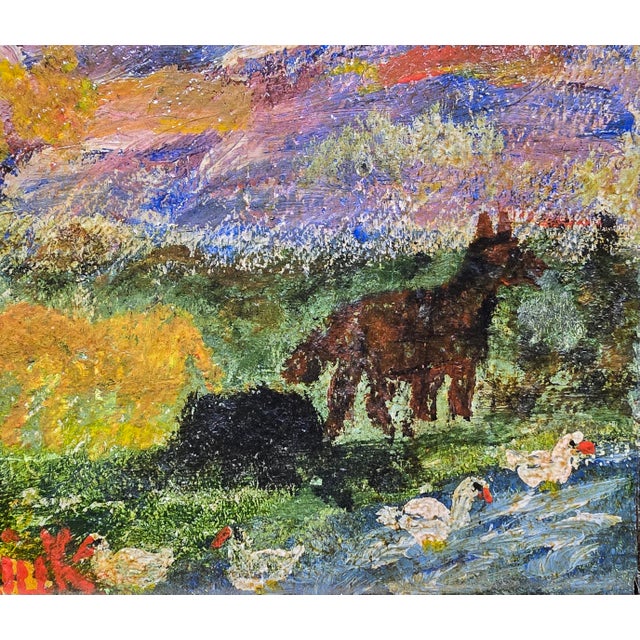 Wood David Burliuk (1882-1967) Farm Scene at Twilight -Oil Painting For Sale - Image 7 of 11